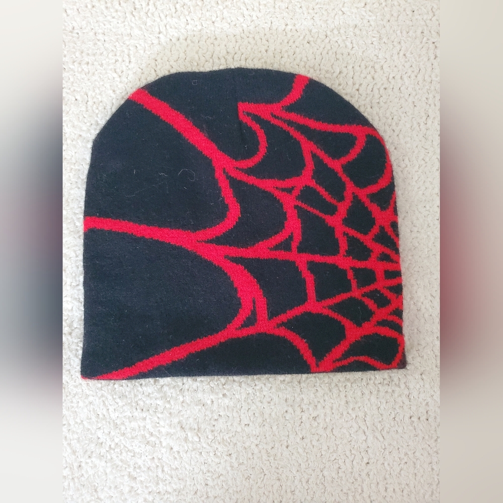 Spider Web Black and Red Beanie